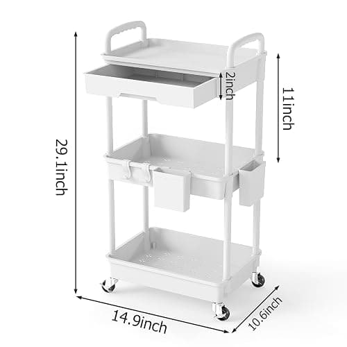 LLMRR 3 Tier Rolling Utility Cart with Drawer, Plastic Storage Organizer Rolling Carts with Wheels Handles Hanging Cups Hooks for Office, Bathroom, Kitchen,Craft Art Room (White) thumbnail 3