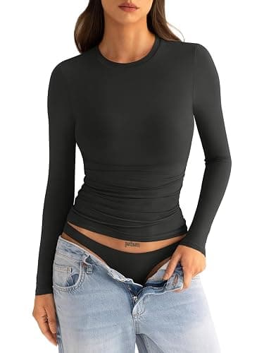 EasyGala Womens Double Lined Long Sleeve Shirts Crewneck Ruched Top Tight Fitted Basic Tee Fall Going Out Outfits 2026 - Image 1