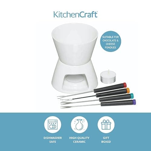 KitchenCraft Chocolate Fondue Set in Gift Box, with Four Stainless Steel Forks and Tealight Candle, Ceramic Bowl and Stand, Ideal for Parties and Dipping Sweets, Fruit or Biscuits, White thumbnail 4