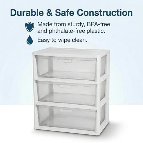 Wide 3 Drawer Plastic Storage Tower with Clear Removable Bins, 15.6" x 21" x 25.2" Organizer Unit with Drawer Stops and Easy-Pull Handles for Closet, Dorm, and Office Organization, White thumbnail 5