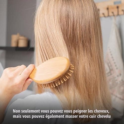 Brosse bambou cheveux,brosse cheveux bois,antistatique, pour hommes, femmes et enfants, pour cheveux longs et épais et pour cheveux lisses et bouclés, design anti-frisottis(rond) thumbnail 7