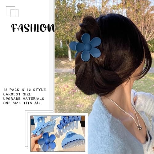 12 Pcs Claw Clips, Multi-Shapes Hair Clips for Women, Non-Slip Large Jaw Claw Clips for Thick Thin Curly Hair Accessories (Blue) thumbnail 3
