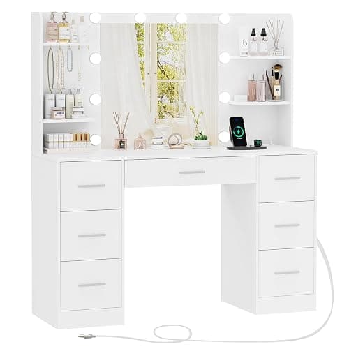 FIONESO Large Makeup Vanity, 42.1" Vanity Desk with Mirror and Lights, Makeup Vanity Table with 7 Drawers, 4 Shelves, 5 Jewel Hooks & Power Strip, Vanity Desk Set for Bedroom, White - White thumbnail 9