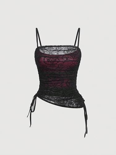 SOLY HUX Women's Ruched Lace Cami Top Drawstring Sleeveless Clubwear Sexy Gothic Tops thumbnail 5