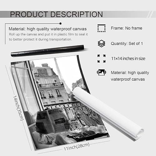 YYS Vintage Black And White Canvas Wall Art - Fashion Girl Reading Newspaper Posters - With Eiffel Tower Cityscape Prints Feminist Artwork - 11x14in Unframed for Home Bedroom Dorm Apartment Decor thumbnail 2