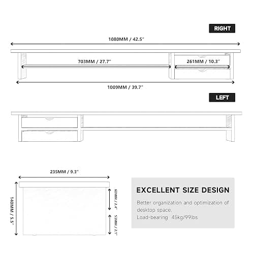 Fenge Dual Monitor Stand Riser with 2 Acrylic Storage Drawer 108cm Large Monitor Stands for PC/Laptop/Fax/Printer/TV Screen, Whole Piece Board, Oak+White thumbnail 3