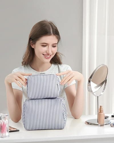 Narwey Striped Makeup Bag Travel Cosmetic Bag Organizer Toiletry Bag Make Up Bags with Compartments for Women Girls (Large, Greyish Blue Stripe) thumbnail 6