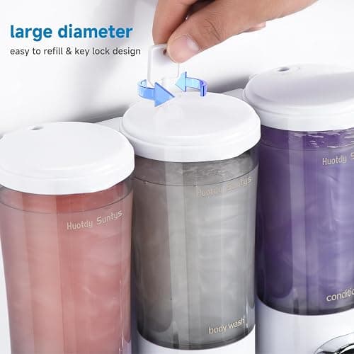 Shampoo and Conditioner Dispenser No Drill Shower Soap Dispenser Wall Mounted Shower Dispenser 3 Chamber with Upgrade Smooth Pump Head Bathroom Body Wash Soap Dispenser Set 450ml*3 White thumbnail 5