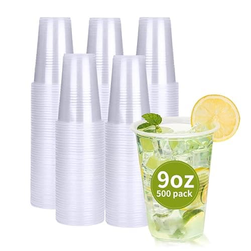RACETOP 500 Pack 9 oz Plastic Cups, Clear Disposable Plastic Cups Bulk, Cold Drinking Party Cup, Transparent for Wedding, Thanksgiving, Christmas, Party - 9 oz - 500 - Image 1