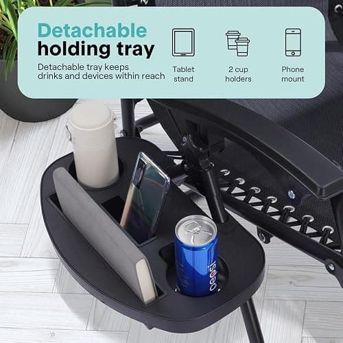 Zero Gravity Lounge Chair, Adjustable Steel Mesh Recliners, with Canopy, Removable Pillows and Cup Holder Side Tables, Set of 2, Black thumbnail 6