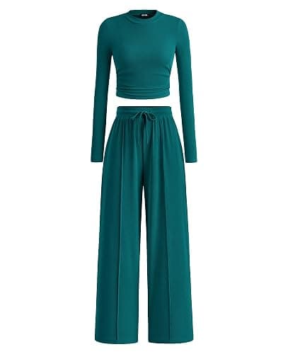BTFBM Casual 2 Piece Sets For Women Fall Outfits 2025 Ribbed Long Sleeve Crop Top Wide Leg Pants Matching Lounge Set - Image 1