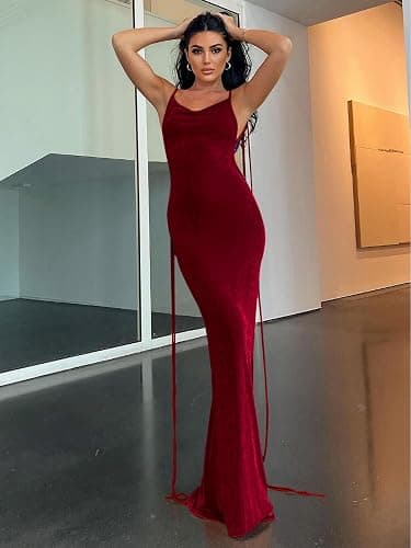 Volemo Womens Summer Backless Bodycon Dress Halter Cowl Neck Slip Spaghetti Strap Sexy Cocktail Party Maxi Dresses thumbnail 3