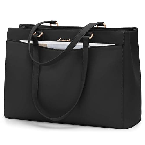 LOVEVOOK Laptop Handbags for Women 15.6 inch, Large Work Bags Women's Tote with Compartments, PU Leather Ladies Shoulder Hand Bag for School Office Business, Black - Image 1