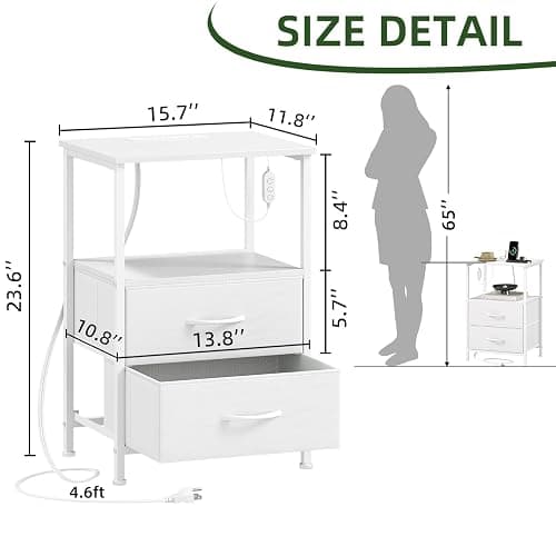 Somdot White Nightstand with Charging Station and LED Light for Bedroom, 2 Drawers Dresser with Fabric Bins for Bedside Kids Dorm Room Closet Laundry Entryway, White Leather thumbnail 3