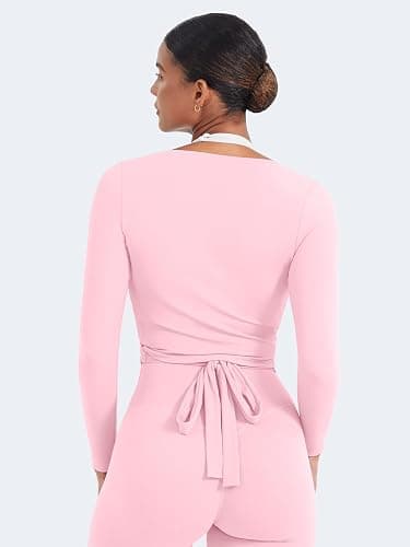 YEOREO Women Pilates Wrap Top Long Sleeve Tie Ballet Workout Yoga Shirt Michelie Y2K V Neck Cropped Tops thumbnail 4