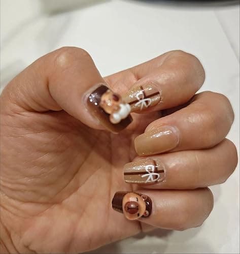 10Pcs Cute 3D Capybara Press On Nails, Short Brown Almond Tips with Clear White Accents, Glossy Resin Fake Nails in XS S M (XS) thumbnail 5