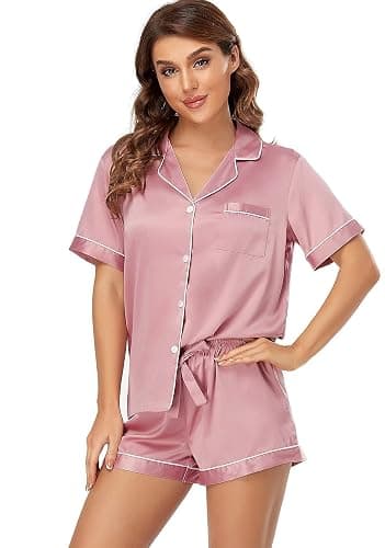 Serenedelicacy Women's Satin Pajama Set 2-Piece Sleepwear Loungewear Button Down Short Sleeve Silky PJ Set - Image 1