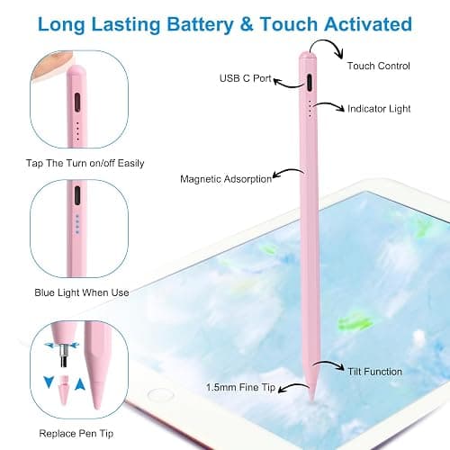 Stylus Pen for iPad 9th&10th Generation,Pencil with Palm Rejection Apple Pencil for (2018-2025) 10th/9th/8th/7th/6th Gen, iPad Pro 11/12.9 inch, 11&13-inch(M2) /5th/4th/3th Gen,Mini 6th/5th Gen-Pink - Pink thumbnail 5