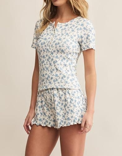 Lacozy Cute Pajama Sets for Women 2 Piece Short Pj Sets Woman Sleepwear | Womens Summer Pajamas Sets, Cute Pjs, Floral Print, Button Shirt and Shorts, Y2k Pajamas Shorts Set, Soft Loungewear, Lounge thumbnail 3