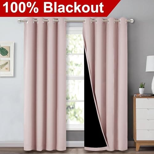 NICETOWN 100% Blackout Window Curtain Panels 84" Long, Blush Pink, 2 Pieces, 52 inches Wide Each Panel, Heat and Cold Blocking Drapes with Black Liner for Nursery, Thermal Insulated Draperies thumbnail 2
