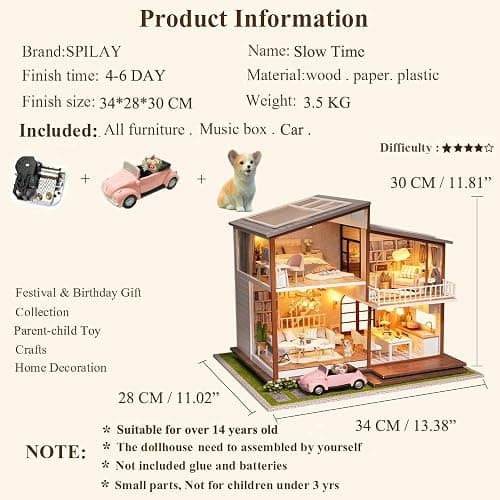 Spilay DIY Dollhouse Miniature with Wooden Furniture,DIY Dollhouse Kit Large Villa Model with LED Light & Music Box,1:24 Scale Creative Room Gift for Adult Teenager - Slow Time With Dust Cover Music Box thumbnail 4