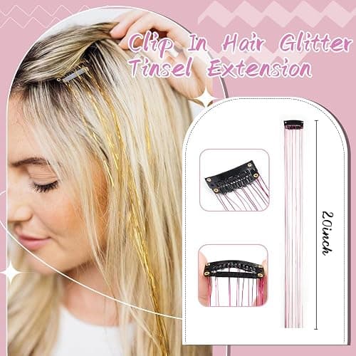 Hair Tinsel Pack of 12 Pcs Colorful Glitter Hair Accessories 20 Inch Clip in Hair Tinsel Extensions Fairy Hair Accessories Party Kit for Women Girls Kids (12Pcs,Colorful#) thumbnail 3