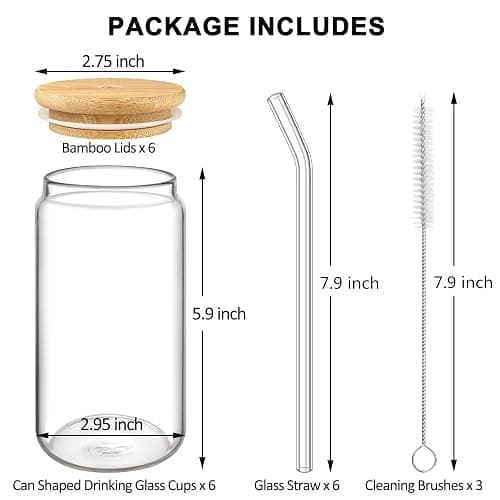 Glass Cup with Lids and Straw, 16oz Glasses Cups with Bamboo Lids and Straws Set of 6 Beer Glass Iced Coffee Glasses Cute Tumbler Cup for Fruit Juice, Smoothie, Boba Tea, Water thumbnail 3