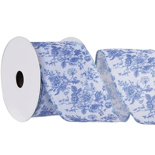 Blue Floral Wired Ribbon 2.5 Inch Vintage Flower Chinoiserie Printed Fabric Ribbon for DIY Crafts Wreath Bow Making, 15 Yards - Image 1