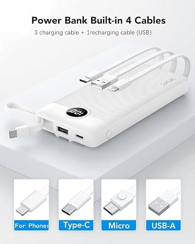VRURC Portable Charger Built in 4 Cables, Slim Power Bank 10000mAh | Multi Devices Charging Bank with Lanyard, USB C Battery Pack for All Cell Phones, Samsung,Android-White(1 Pack) thumbnail 2