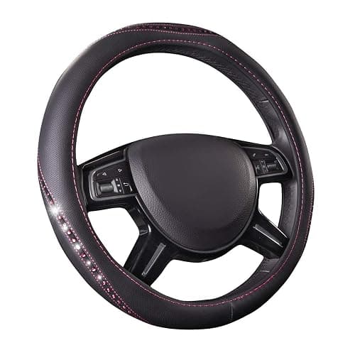 CAR PASS Bling Diamond Leather Steering Wheel Cover, Studded Crystal Rhinestones Universal Fit 14" 1/2-15" Crystal Glitter for Women Sparkle Girl Fit Suvs,Vans,Sedans,Cars,Trucks, Hot Pink Diamond - Hot Pink Diamond - Image 1