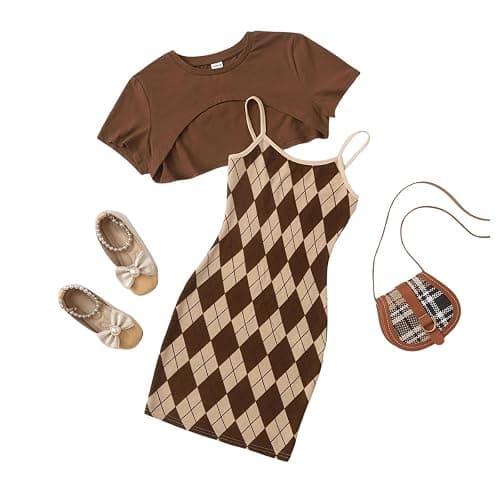 OYOANGLE Girl's Cute 2 Piece Outfits Print Cami Short Dress with Crop Top Tee Set thumbnail 5