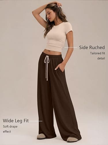 Trendy Queen Women's 2 Piece Matching Summer Lounge Set with Pockets | Vacation Airport Travel Outfits, Workout Gym Clothing Comfy Athleisure Clothes, Side-ruched Top, Drawstring Wide Leg Pants thumbnail 3