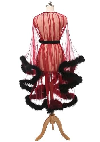 Yexinbridal Tulle Feather Robe Sexy Sheer Mesh Fur Bridal Illusion Boudoir Bathrobe Nightgown Christmas Lingerie thumbnail 3