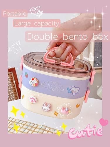 Paidideng Kawaii Bento Box Bento Lunch Box with Lunch Bag,Tableware,Biscuit bags,2 Layers Stacked Leakproof Cute Lunch Box,for Travel,Office,Gym. (purple) thumbnail 2