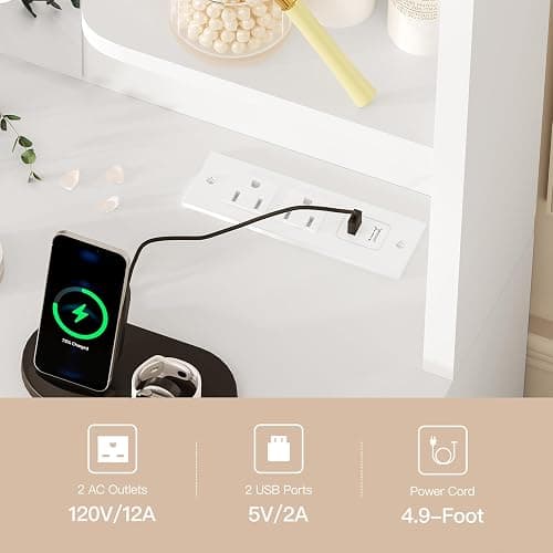 FIONESO Large Vanity Desk with LED Lighted Mirror & Power Outlet, Makeup Vanity Table with 7 Drawers,4 Shelves and 5 Hooks, White Vanity for Bedroom, Bathroom thumbnail 6