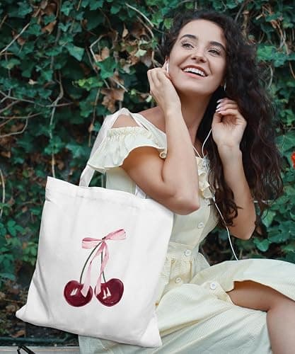 SZERE Pink Girl Canvas Tote Bag for Women Teen Girls Gifts Cute Small Travel Work Tote Bags Reusable Grocery Shoulder Bags thumbnail 2