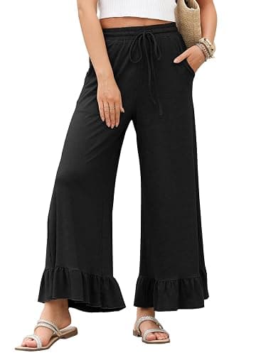 EVALESS Womens Wide Leg Pants Drawstring Elastic High Waisted Ruffle Hem Palazzo Pants with Pockets - Image 1