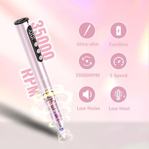 Denabuty Electric Nail Drill Cordless 35000RPM Portable Electric Nail File | Nail Drill with LCD Display and 12 Nail Drill Bits for Acrylic & Gel Nails, Professional Manicure & Pedicure Kit Set Pink thumbnail 2