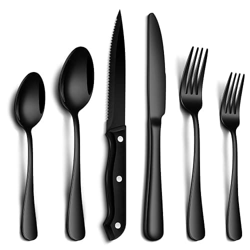 PHILIPALA 24-Piece Black Silverware Set with Steak Knives Food-Grade Stainless Steel Flatware Set for 4 Mirror Cutlery Include Spoon Fork Knife Set Dishwasher Safe Utensil Sets for Home Restaurant - Image 1