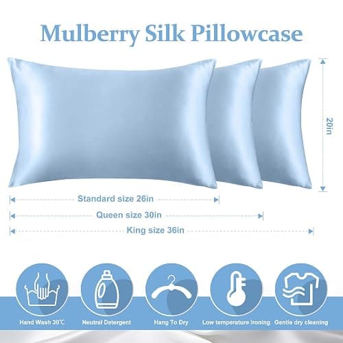 2 Pack 100% Pure Silk Pillowcase for Hair and Skin, Both Sides Mulberry Silk Pillowcases with Hidden Zipper, Cooling Pillowcase 19 Momme, 600 Thread Silk Pillow Cases Standard Size, Light Blue thumbnail 2
