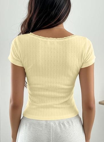 AKLOPVII Women Y2K Short Sleeve Button Up Lace Patchwork Crop Tshirt Tops Slim Fit Scoop Neck Henley Summer Girl Tee thumbnail 3