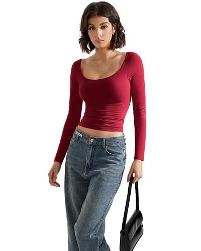 SUUKSESS Women Double Lined Fitted Basic T Shirts Scoop Neck Long Sleeve Crop Top thumbnail 6