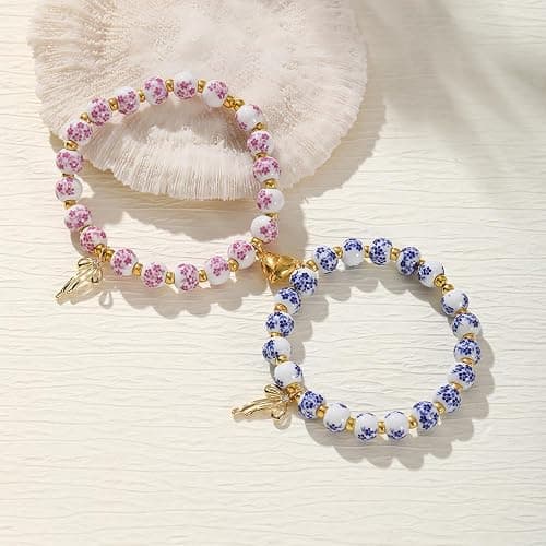 Thalireth Bow Bracelets 14K Gold Beaded Vintage Friendship Couples Matching Bff Bracelets For Women Men Christmas Gifts thumbnail 3
