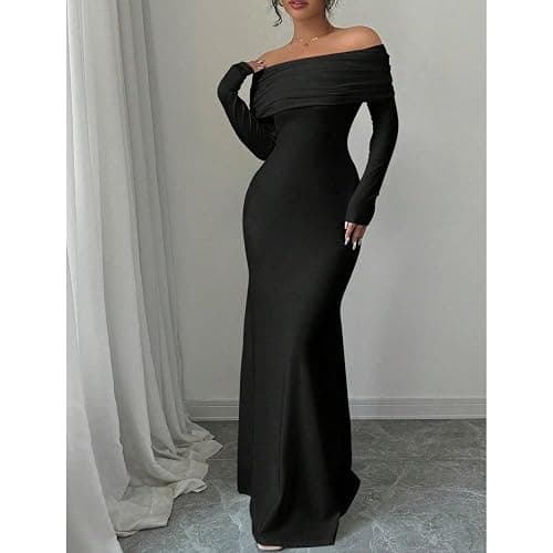 JYIXXZX Robe Femme Sexy Maxi Robes à Épaules Dénudées Elégant Manches Longues Bodycon Robes Longue Chic sans Bretelles Dos Nu Moulante Robe de Soirée Cocktail Nuit Clubbing Fête thumbnail 7