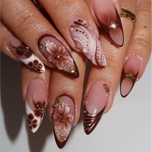 French Tips Press on Nails Medium Almond Nails Press on with 5D Flower Charm Design Glossy Brown Glue on Nails Water Ripple Rhinestones Fake Nail Reusable Fall Winter Nail for Women Manicure 24Pcs thumbnail 2