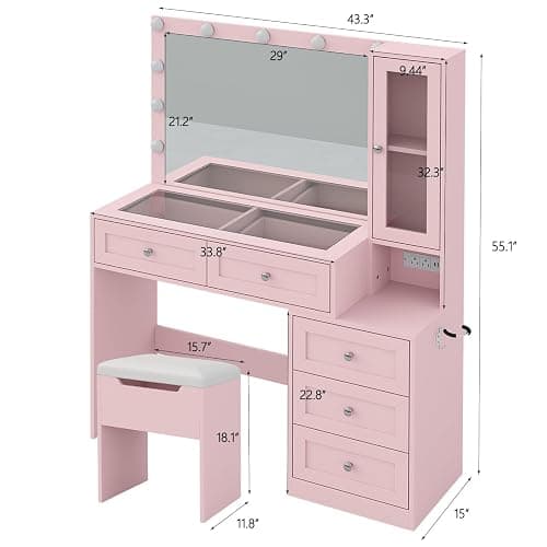 CollaredEagle 43" W Vanity Desk with Mirror & 11 Lights, 5 Drawer Modern Makeup Desk with Glass top & Cushioned Stool, 3 Lighting Modes Brightness Adjustable,Power Outlet,Bedroom, Pink thumbnail 2