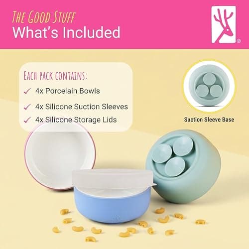 Elk and Friends Kids Porcelain Bowls with Silicone Suction Sleeves | Lids Included | Suitable for Babies/Toddlers | Microwave & Dishwasher Safe | Stay Put Dinnerware | Snack Dishes | 4 Pack thumbnail 8