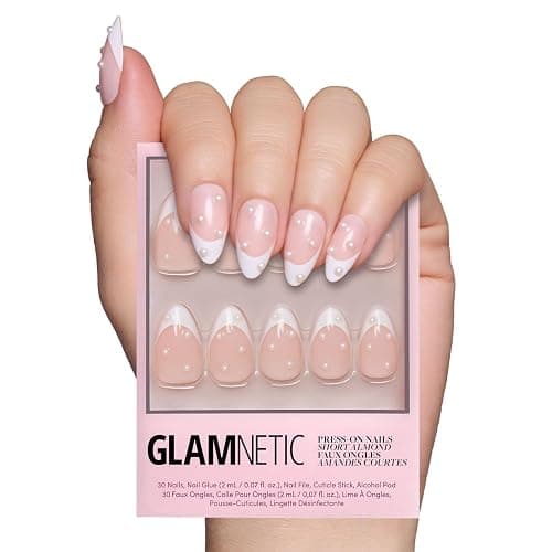 Glamnetic Press On Nails - French Pearl | Glossy, Short Almond French Tip Nails with 3D Accents, Salon Quality | 15 Sizes - 30 Nail Kit with Glue - Image 1