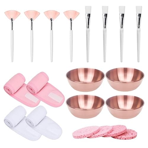 20Pcs Esthetician Facial Supplies Tools Set - Mask Applicator Tools, 4 Rose Gold Facial Bowls & 4 Facial Fan Mask Brushes & 4 Flat Brushes & 4 Sponges & 4 Headbands, Spa Party Favor, Mixing Facial Kit - Image 1