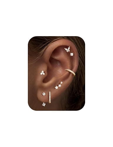 M MOOHAM Hypoallergenic Earring Jacket Stacks - 7 Pairs 14K Gold Plated Flat Back Earrings Dainty Huggie Hoop Cartilage Helix Earring Jacket, Fashion Accessories Western Jewelry Gifts - Image 1